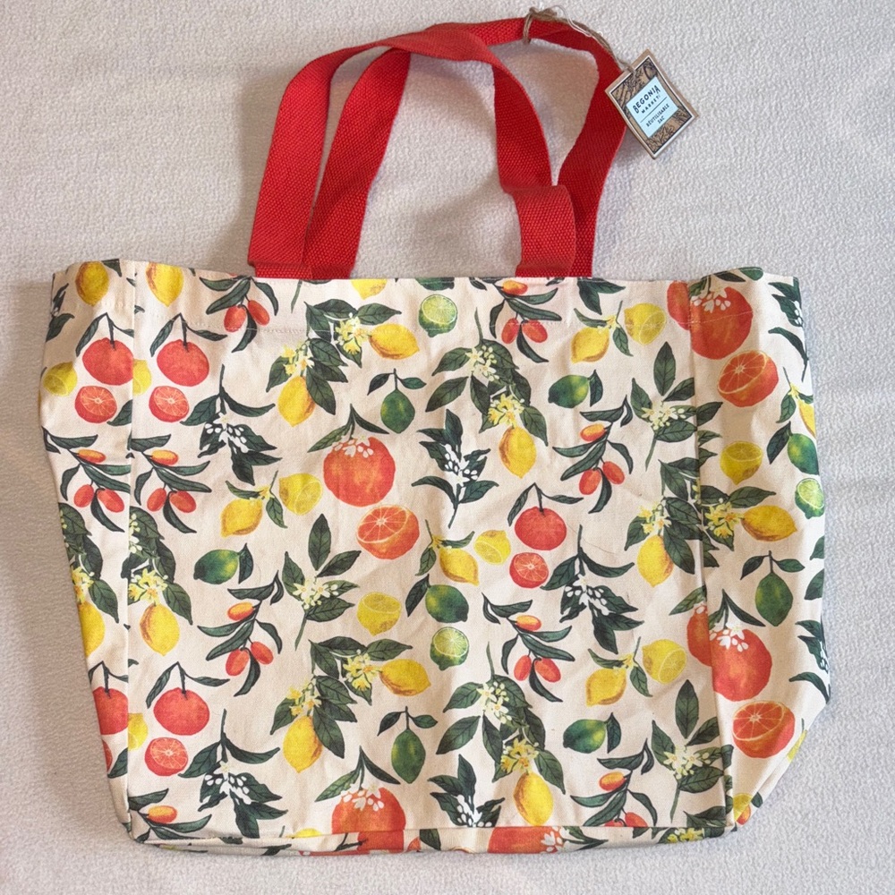 NWT Floral Canvas Reusable Tote Bag with Orange Handles